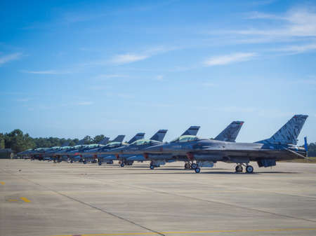 LEIRIA, PORTUGAL - Sep 10, 2017: F-16 fighter-bomber during Real Thaw Nato exercise at Base N.5 MONTE REAL Militaryのeditorial素材