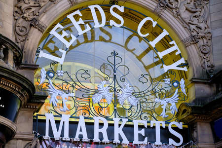 LEEDS, UNITED KINGDOM - Jan 04, 2020: Landscape Leeds city centre Kirkgate Market entrance signage above main doorのeditorial素材