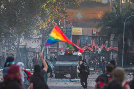 SANTIAGO, CHILE - Nov 28, 2019: The protests show their dissatisfaction with the Chilean government due to the social crisis that plagues President PiÃ±era and Chileのeditorial素材