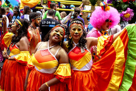 LONDON, UNITED KINGDOM - Jul 06, 2019: Colourful costumes on these participants in the Gay Pride Paradeのeditorial素材