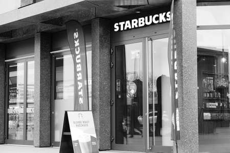 POZNAN, POLAND - Jan 13, 2020: Front entrance of a Starbucks coffee place in the Baltyk office...