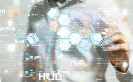 A person presenting a virtual projection of cloud computing at a business meetingの写真素材