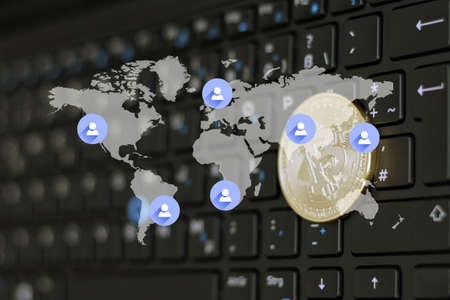 A Bitcoin and Blockchain on a notebook keyword-Global Business