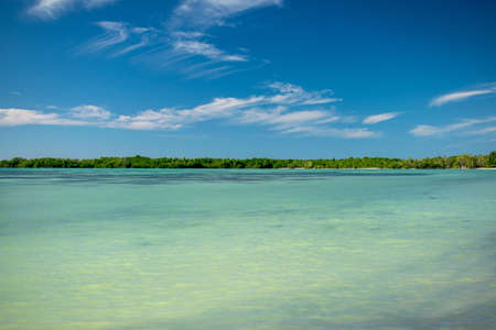 A wide angle shot of a beach under a clear blue skyの写真素材