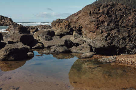 A scenery of rocks at the coastline of the Pacific Northwest in Cannon Beach, Oregon