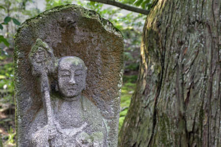 A closeup shot of a carving on a stone with a blurred backgroundの写真素材