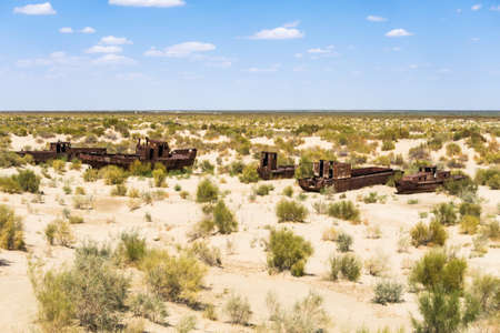 A dried Aral sea memorial in Muynak, Uzbekistanの写真素材
