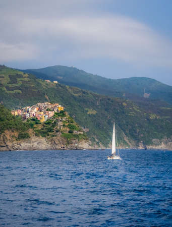 A beautiful view of the famous corniglia village of cinque terre national park in italyの写真素材