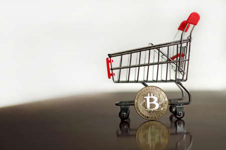 A shiny bitcoin leans against a shopping cart in front of a neutral background