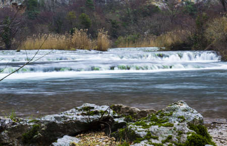 A closeup shot of mossy stones on the body of a foamy river