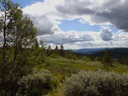 The white clouds in the sky above the valley in Tuddal Gaustatoppen, Norway
