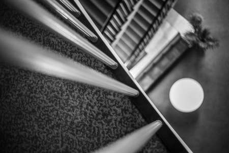 A greyscale closeup shot of railings inside a building with a blurred background