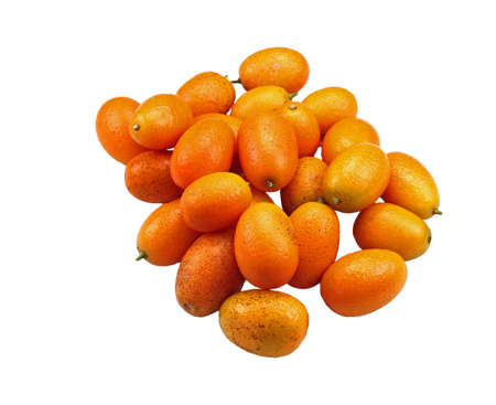 An overhead shot of a kumquat orange fruits with a white background