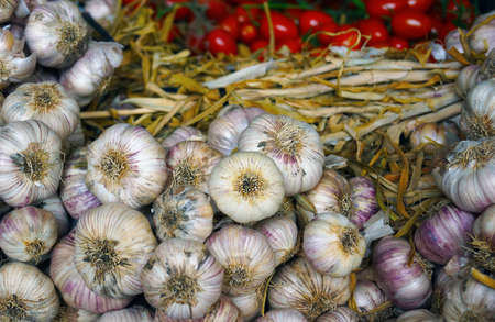 A closeup of garlic with tomatoes under the lights on the blurry background