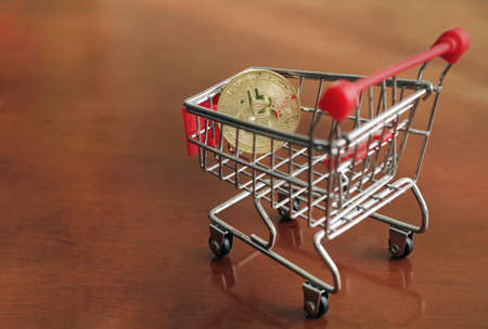 A shiny bitcoin leans against a shopping cart in front of a neutral backgroundの写真素材