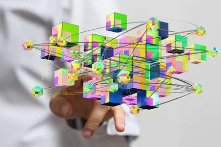 A businessman working with a virtual projection a cloud computing with different icons