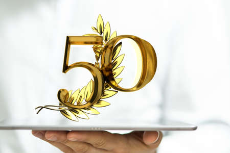 A person presenting a virtual projection of the digital number fifty
