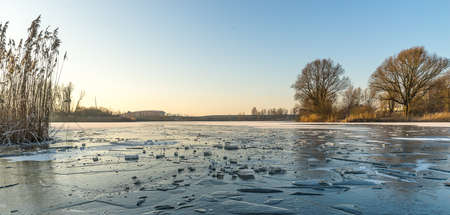 A wide angle shot of trees around water under the blue skyの写真素材