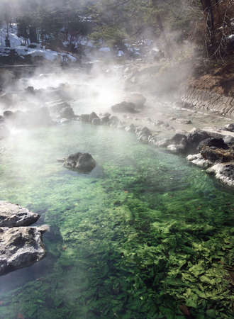 A vertical shot of a hot water pond with a mistの写真素材