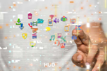 A person touching a virtual projection of a cloud connection with different icons