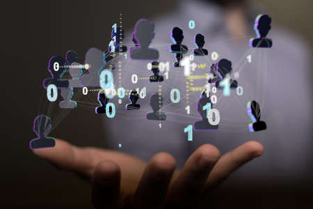A businessman working with a virtual projection of a social communication network