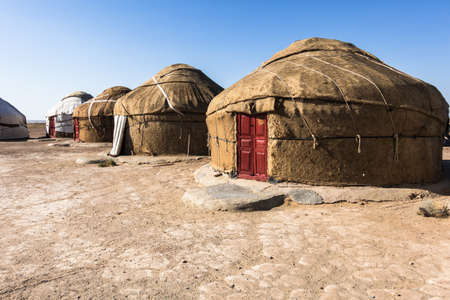 A camp with dwellings in Kyzylkum desert in Uzbekistanの写真素材