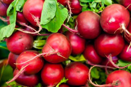 A closeup shot of red radishes put on top of each otherの写真素材