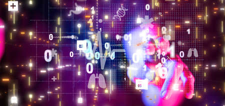 A businessman touching a virtual icon on a computer binary code