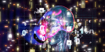 A virtual projection of a medical network connection with a human skullの写真素材