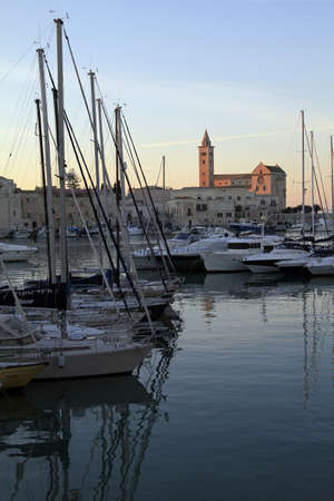 A vertical shot of boats on the water with the Trani Cathedral in the distance in Italy