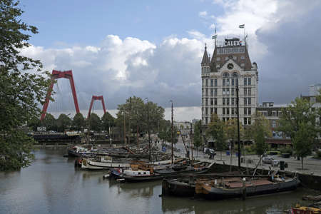 ROTTERDAM, NETHERLANDS - Sep 09, 2019: 9 September 2019  - Rotterdam, Netherlands: Boats lie in the harbor of Rotterdam, Netherlands, with a cloudy sky in the background.のeditorial素材