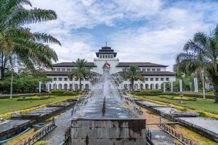 The Gedung Sate public building with an outdoor garden in Bandung, Indonesiaのeditorial素材