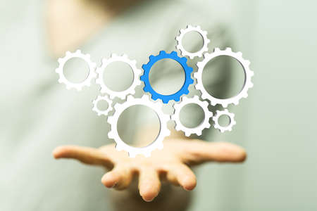 A person working with a modern virtual interface screen of engineering and design iconsの写真素材