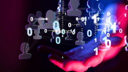 A businessman working with a virtual projection of group networking