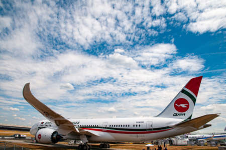FARNBOROUGH, UNITED KINGDOM - Jul 16, 2018: Modern airliner displaying at a major international airshow on a blue sky dayのeditorial素材