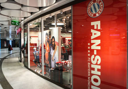 MUNICH, GERMANY - Sep 19, 2019: Fc Bayern Munich fan shop store selling fan clothing for stadium...