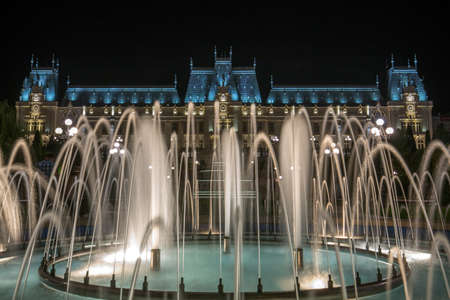 The famous Palace of Culture in Iasi, Romania with fountains in front of itのeditorial素材
