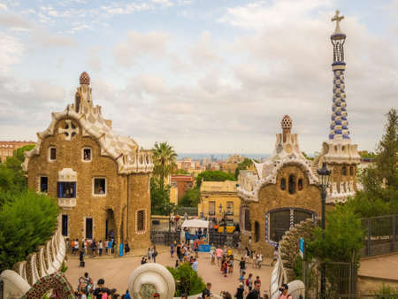 BARCELONA, SPAIN - Aug 29, 2018: The famous Park Guell, designed by Antoni Gaudi, was built between 1900 and 1914 and opened as a public park in 1920のeditorial素材