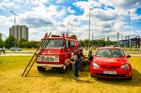 POZNAN, POLAND - Jun 21, 2019: Fire department event in the city with exposition vehicles.のeditorial素材