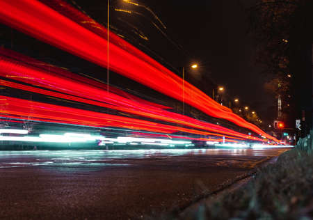 The red light trails in the illuminated highway at nightのeditorial素材