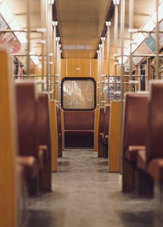 MUNICH, GERMANY - Jan 25, 2020: Interior of old vintage subway trains in Munich. Bavarian people commuting daily with these trains. Empty subway trainのeditorial素材