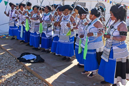 MAKHANDA, SOUTH AFRICA - Jul 06, 2019: Xhosa women wearing traditional clothes at the National Arts Festival in Grahamstown.のeditorial素材