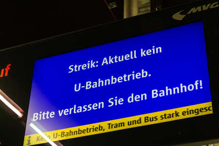 MUNICH, GERMANY - Jun 09, 2019: Display information about public transportation strike, massive delays in munich city, display showing "no subway trafic today"のeditorial素材
