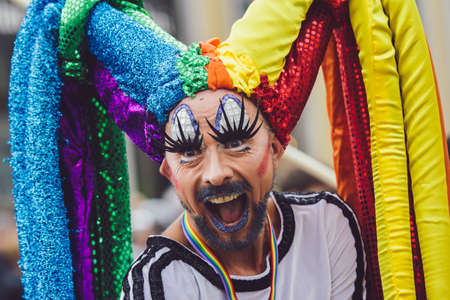 MUNICH, GERMANY - Jul 13, 2019: Transvestite man demonstrationg on christopher street day munich for gay lesbian equality rights rainbow pride paradeのeditorial素材
