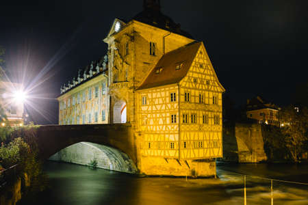 A beautiful night view of a beerhouse or Hofbrau in Bamberg, Germanyのeditorial素材