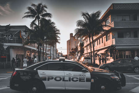 MIAMI, UNITED STATES - Sep 12, 2019: Miami South Beach Police car, parked on Ocean Drive, taking care of site security.のeditorial素材