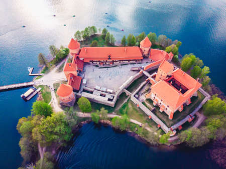 An aerial shot of beautiful Trakai Castle in the island in Lithuania