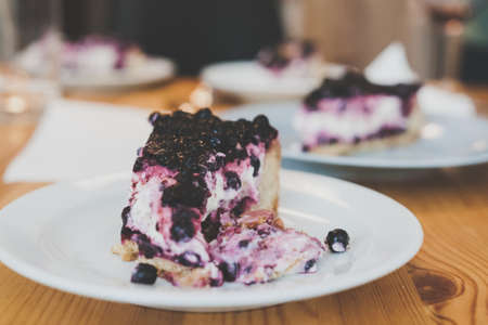 A selective focus shot of the blueberry cake piece on the plate
