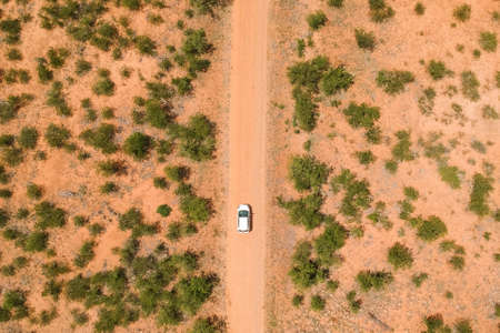 white car driving a long road in the desert at Kruger National Park, South Africa. Top view Shot...