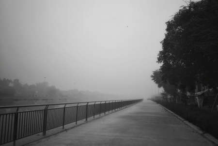 A long shot of a sidewalk lined with railing lined with trees along a river in a foggy afternoon
